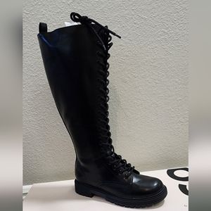 Knee high black combat boots woman 8